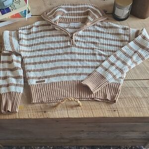 Simply Southern Cream and Tan Striped Cowl Half-Zip Sweater
